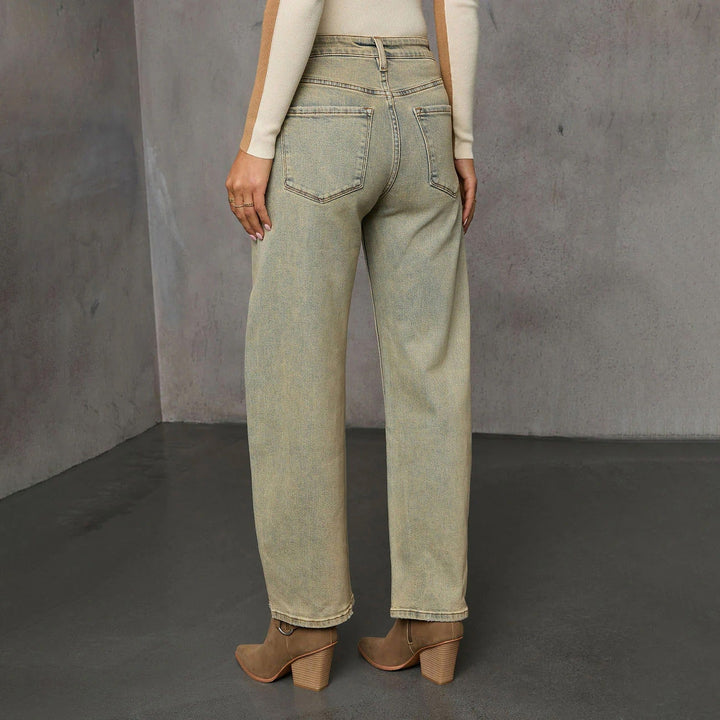 Jeans en denim délavé pour femmes, coupe droite, taille haute - Amira