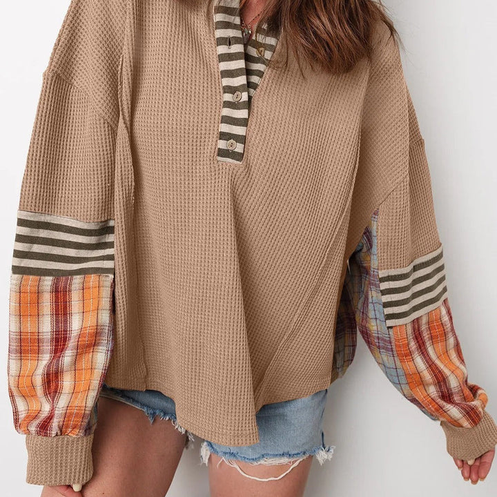 Sweat-shirt style patchwork à manches rayées et à carreaux pour femme - Leona