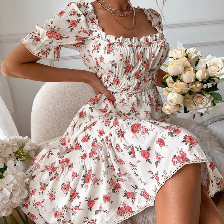 Robe midi à fleurs pour femme avec manches bouffantes de style vintage - Julieta
