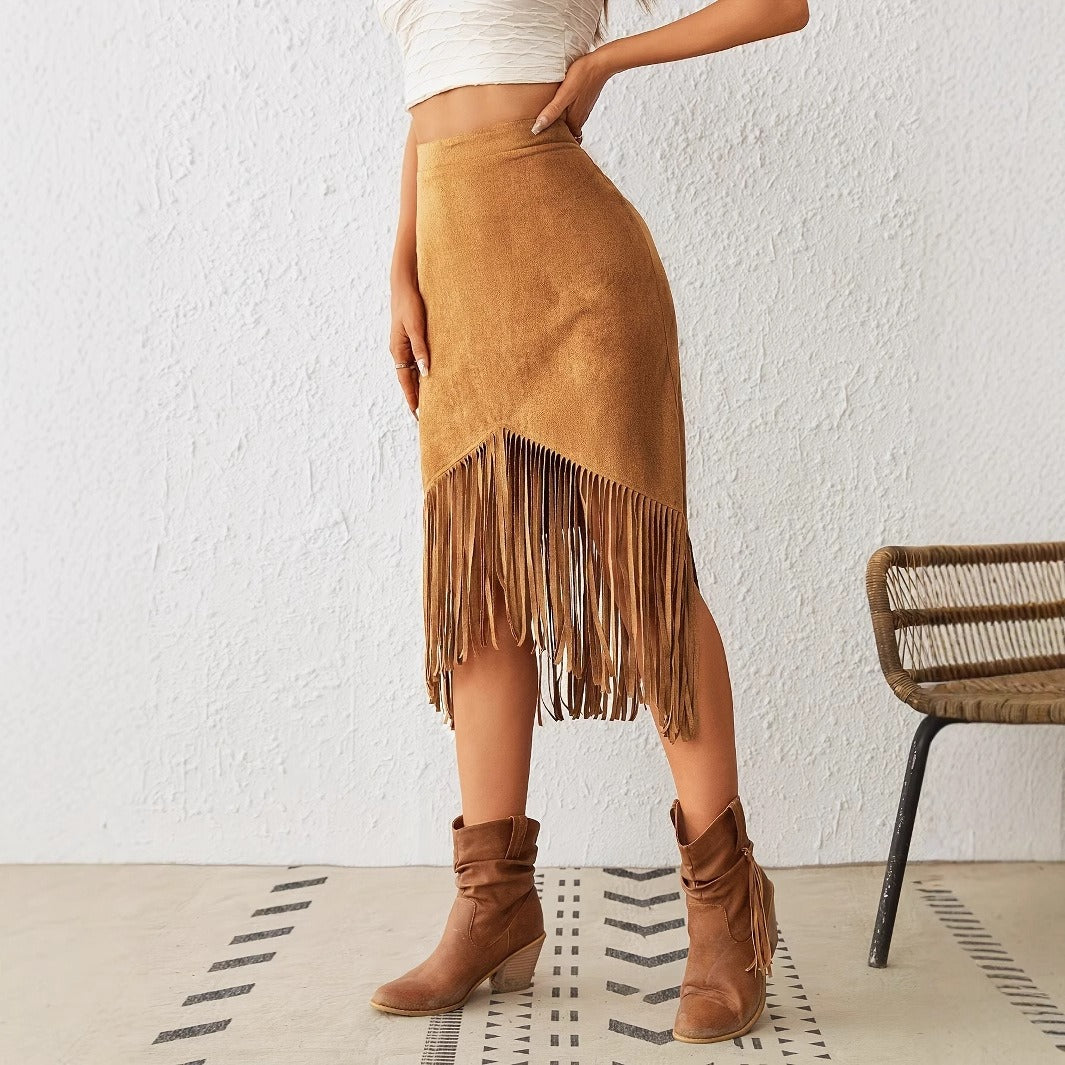 Jupe midi pour femme en daim avec franges bohémiennes - Samira