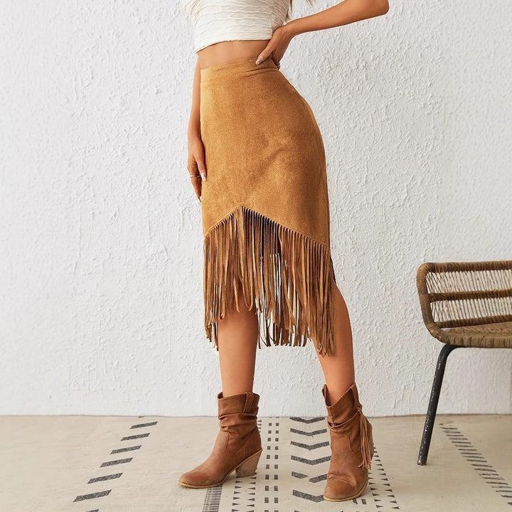Jupe midi pour femme en daim avec franges bohémiennes - Samira