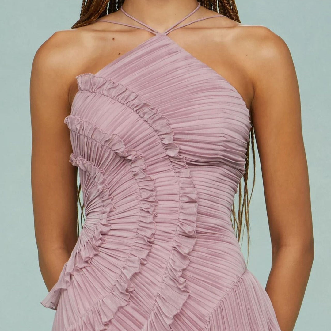 Élégante robe longue en mousseline de soie plissée asymétrique - Violet