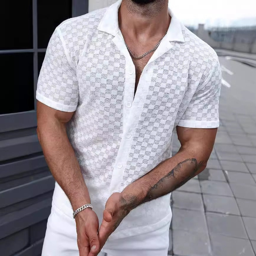 Chemise semi-transparente à manches courtes pour hommes avec motif à carreaux - Giulio