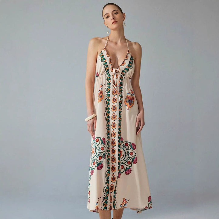 Robe longue dos nu broderie florale - Elara