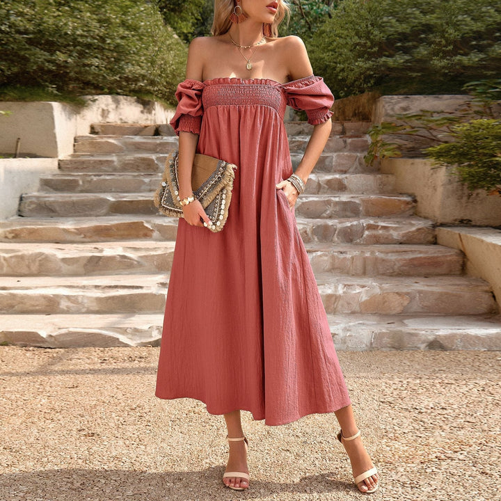 Robe longue pour femme, encolure bardot en nid d'abeille, style bohème - Daphne