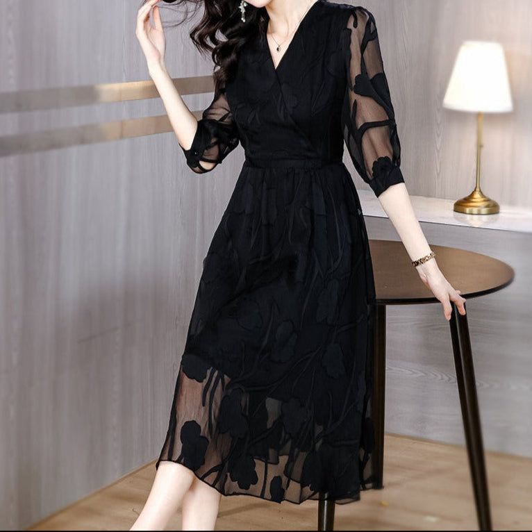 Robe midi pour femme en mousseline de soie florale à manches transparentes - Annelise