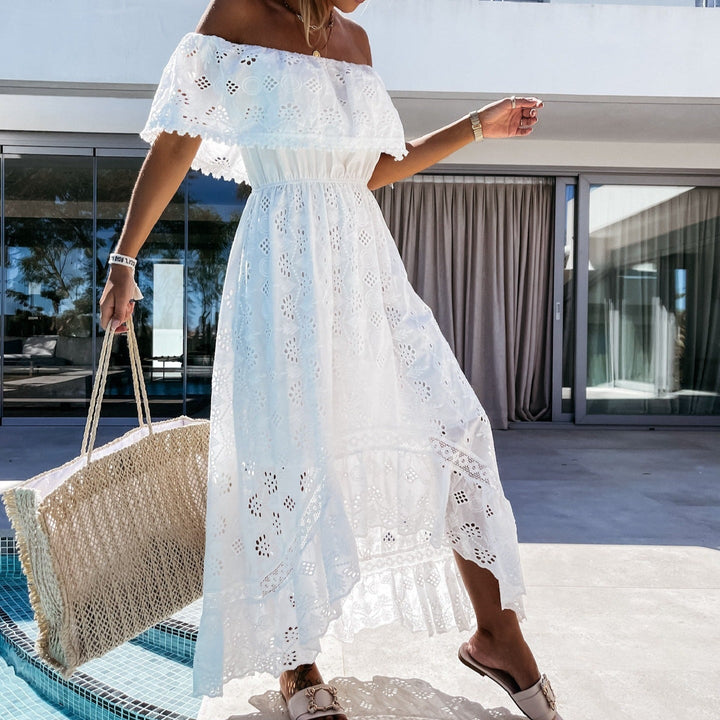 Robe longue pour femme avec broderie ajourée et encolure bateau - Julieta