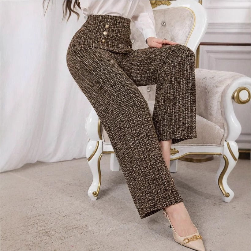 Pantalon en tweed pour femme avec taille haute et boutons décoratifs - Noémie