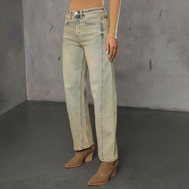 Jeans en denim délavé pour femmes, coupe droite, taille haute - Amira
