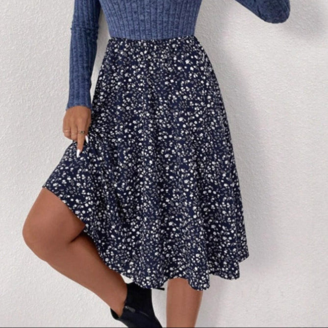 Jupe midi évasée à taille haute et à motifs floraux pour femmes - Dalia