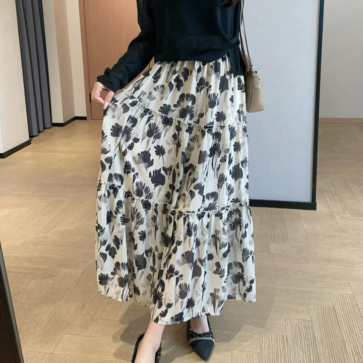 Jupe longue pour femme à imprimé floral monochrome et coupe fluide - Mireille