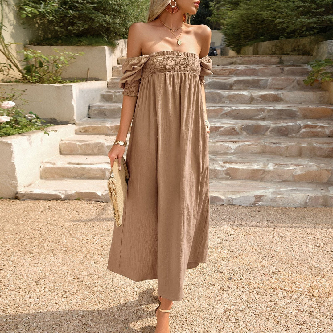 Robe longue pour femme, encolure bardot en nid d'abeille, style bohème - Daphne