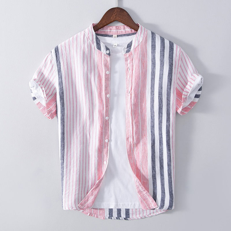 Chemise homme en lin, col mao, rayures verticales - Étienne
