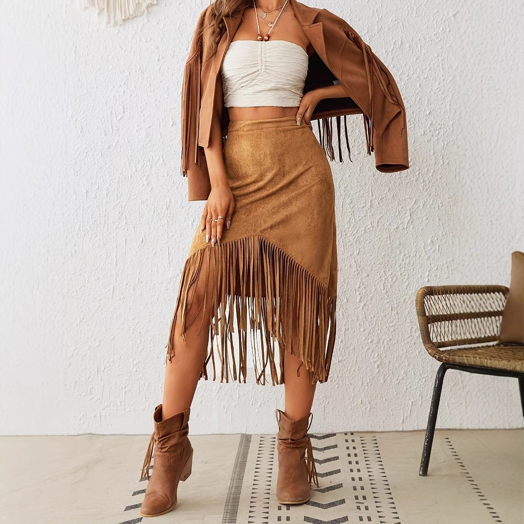 Jupe midi pour femme en daim avec franges bohémiennes - Samira