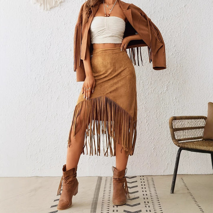 Jupe midi pour femme en daim avec franges bohémiennes - Samira