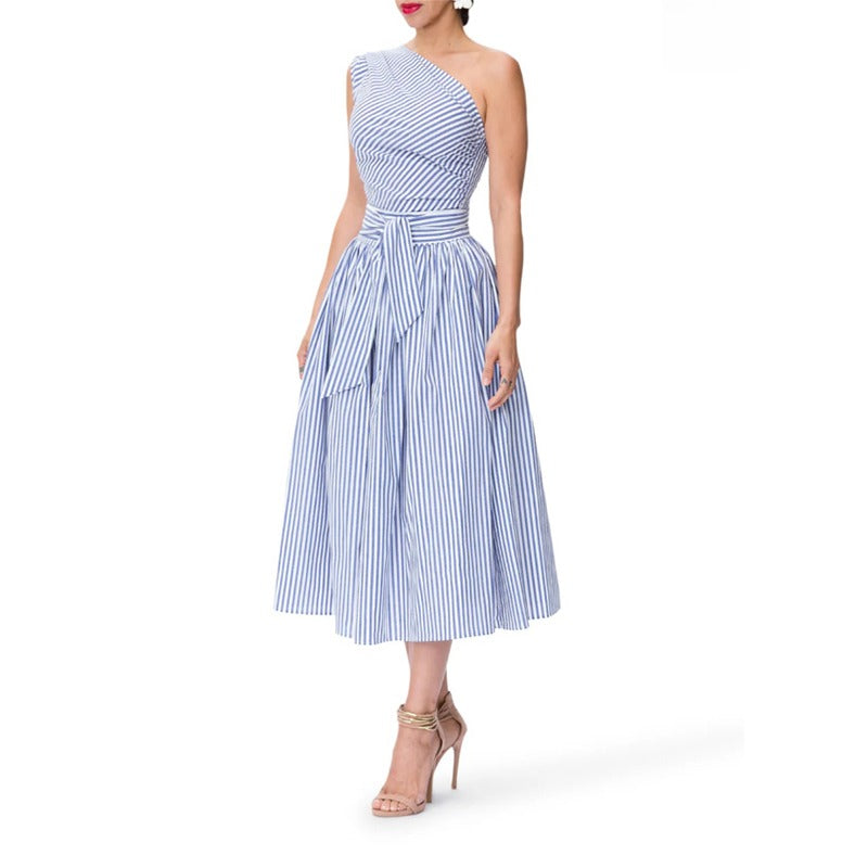 Robe midi femme à fines rayures et encolure asymétrique - Berenice