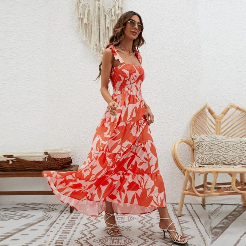 Robe longue pour femme avec bretelles nouées en nid d'abeille - Estrella