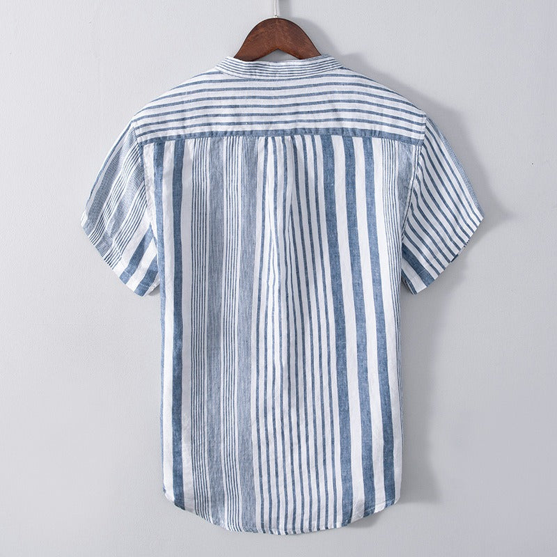 Chemise homme en lin, col mao, rayures verticales - Étienne