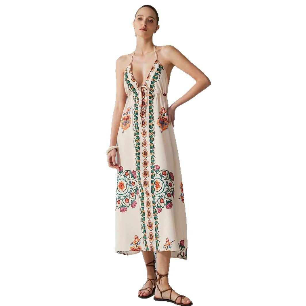 Robe longue dos nu broderie florale - Elara