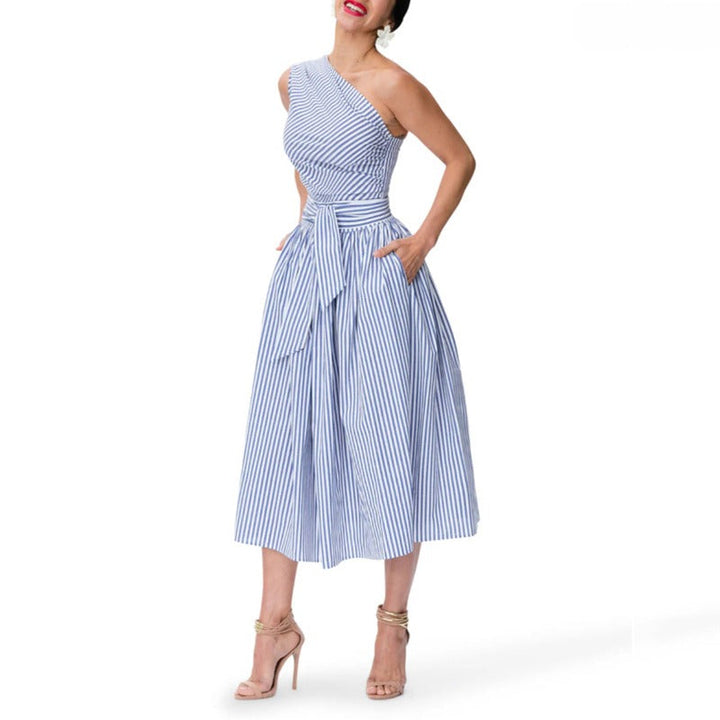 Robe midi femme à fines rayures et encolure asymétrique - Berenice
