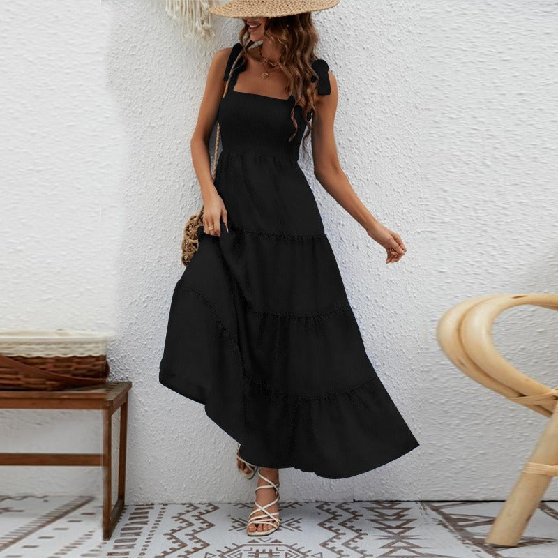 Robe longue pour femme avec bretelles nouées en nid d'abeille - Estrella