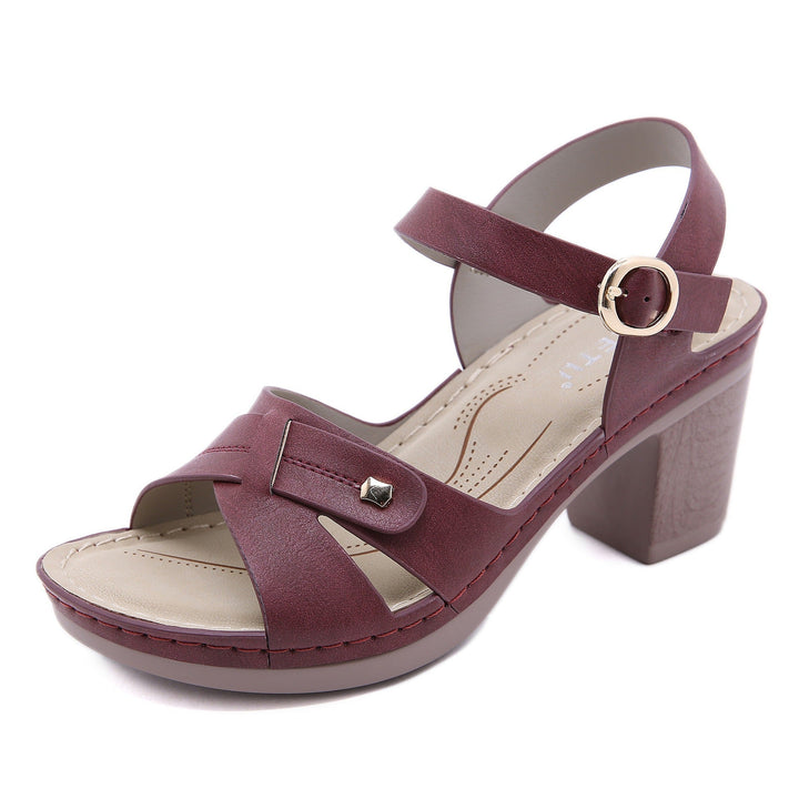 Sandales à talon large pour femmes en cuir synthétique à motif croisé - Brigitte