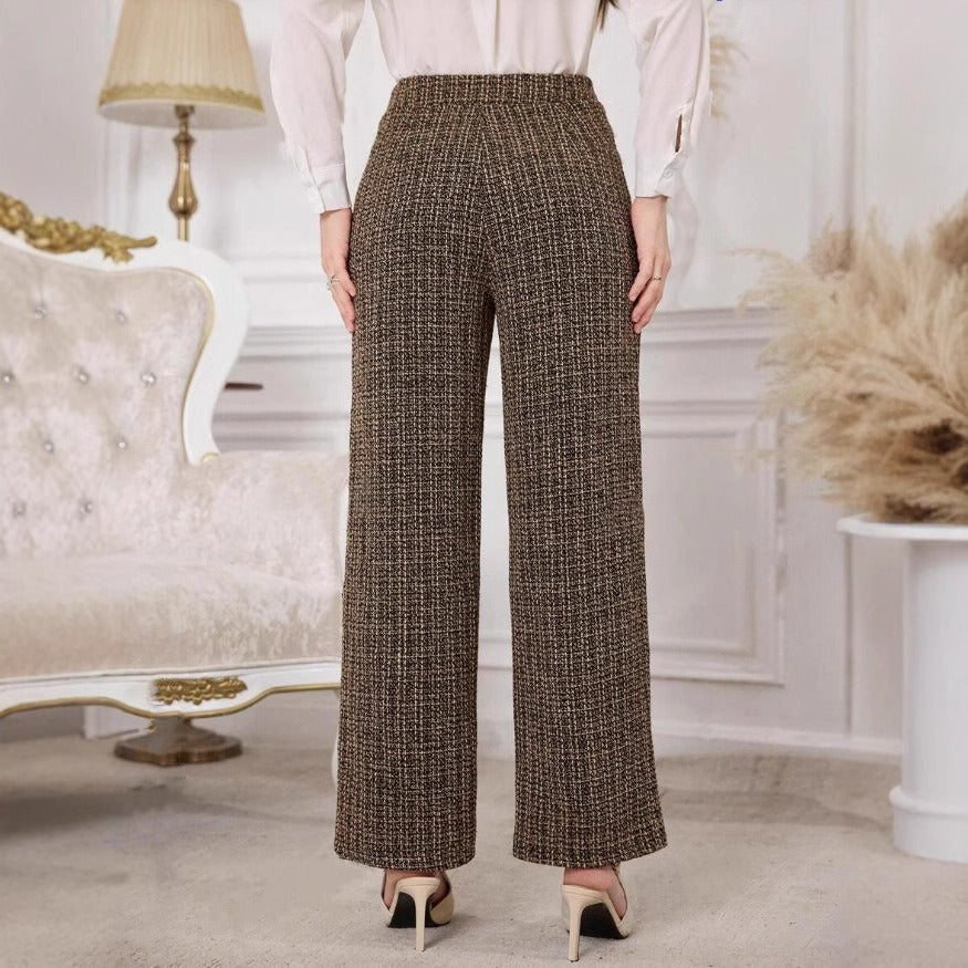Pantalon en tweed pour femme avec taille haute et boutons décoratifs - Noémie