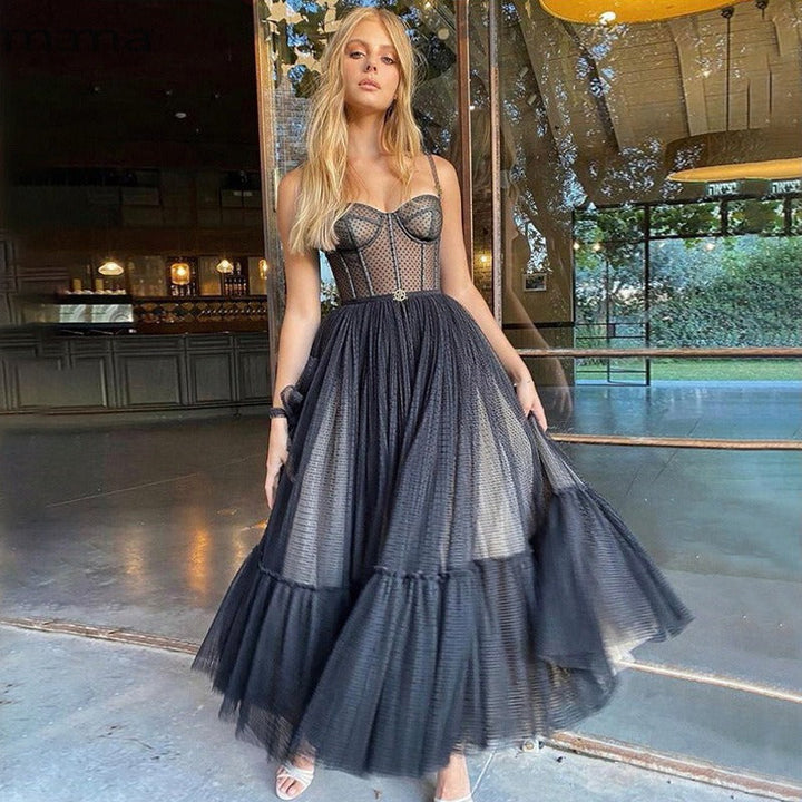 Robe corset longue en tulle brodé structuré pour femme - Bleu clair