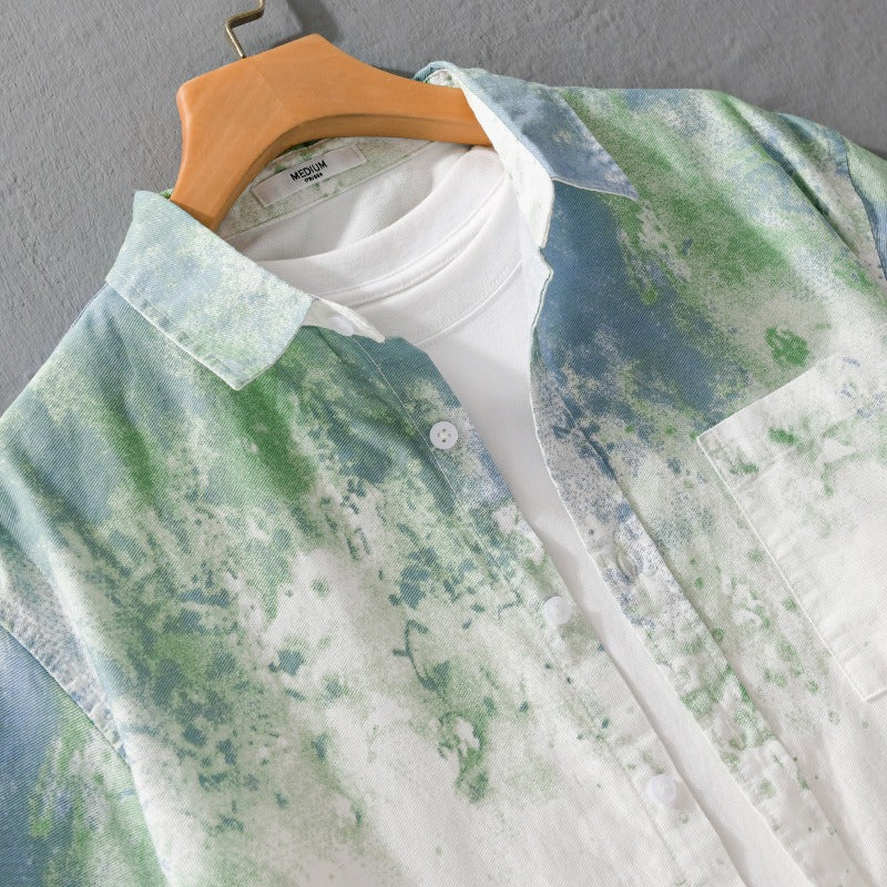 Chemise homme à manches courtes en coton avec imprimé artistique dans un style décontracté - Jean