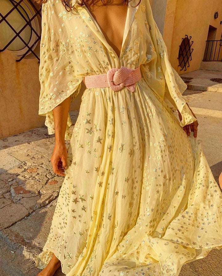 Robe longue pour femme avec broderie florale métallique - Gabriela