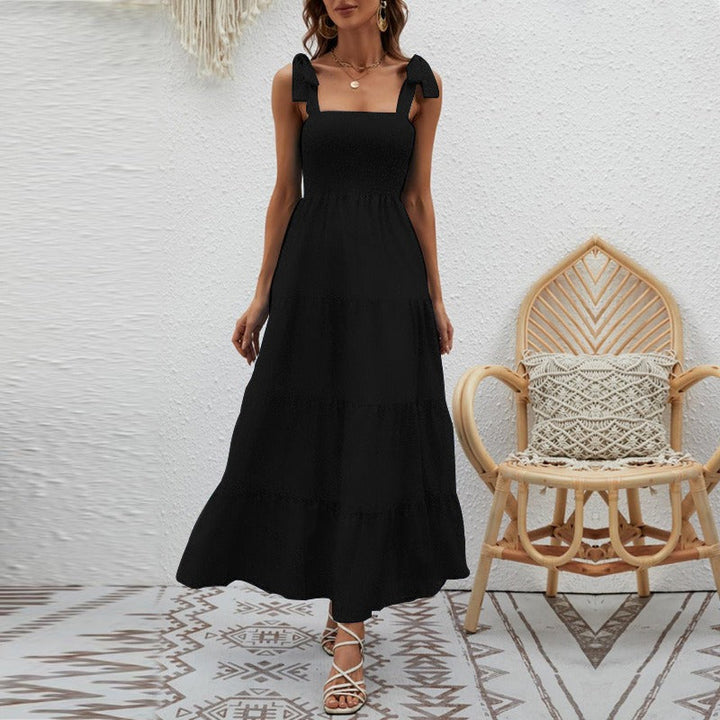 Robe longue pour femme avec bretelles nouées en nid d'abeille - Estrella