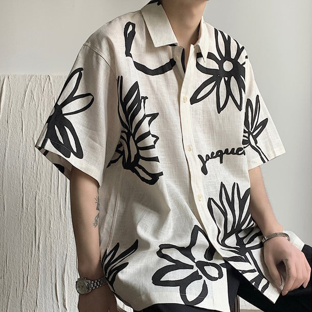 Chemise en lin à manches courtes pour hommes, avec motif floral artistique - Jörg