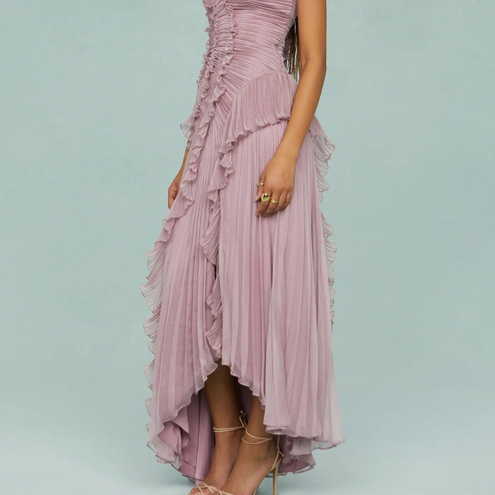Élégante robe longue en mousseline de soie plissée asymétrique - Violet