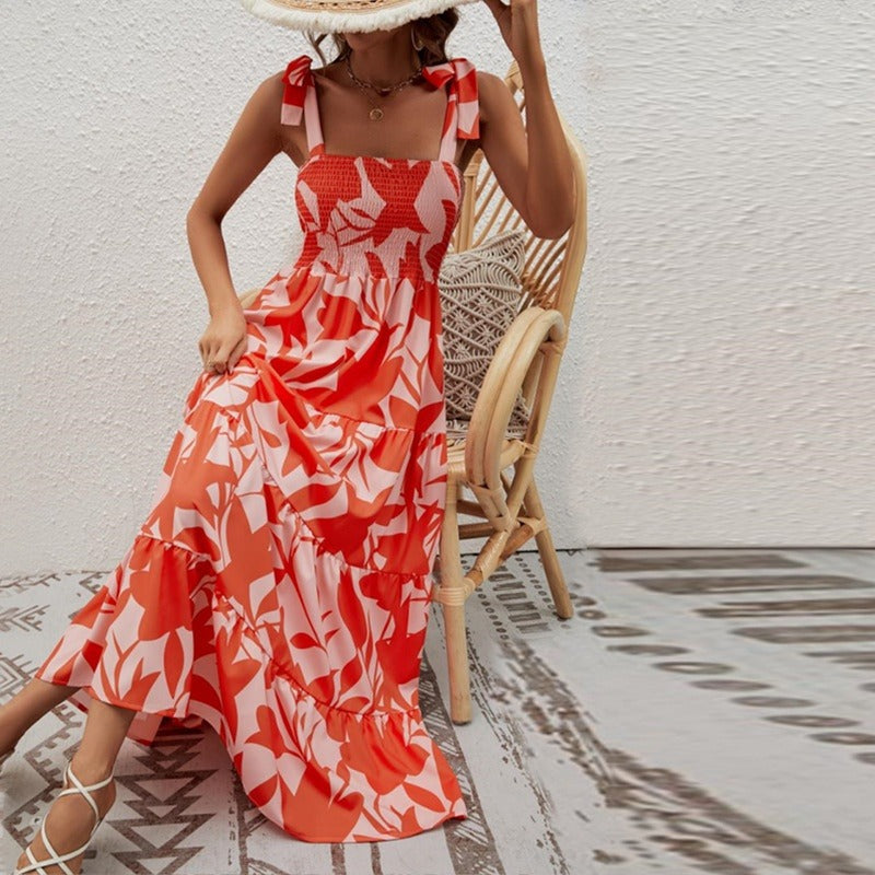 Robe longue pour femme avec bretelles nouées en nid d'abeille - Estrella