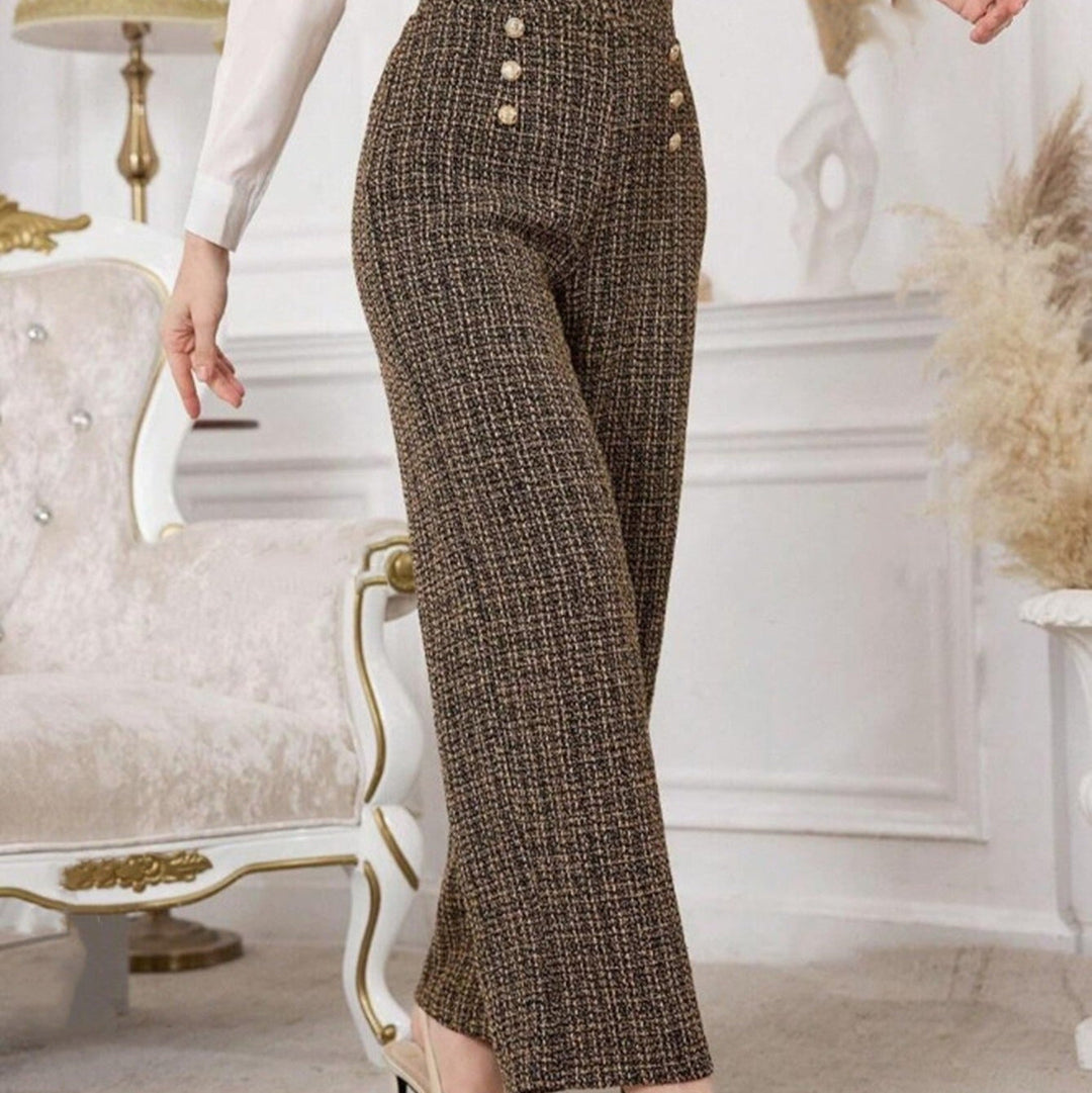 Pantalon en tweed pour femme avec taille haute et boutons décoratifs - Noémie