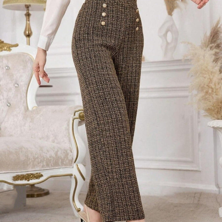 Pantalon en tweed pour femme avec taille haute et boutons décoratifs - Noémie