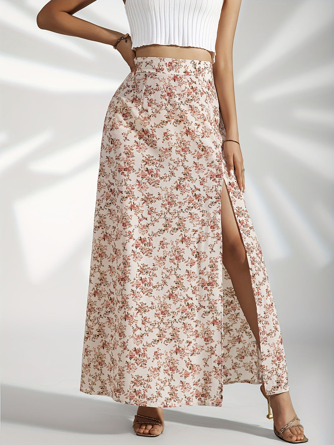 Jupe longue à fleurs avec fente latérale pour femmes - Bleu clair