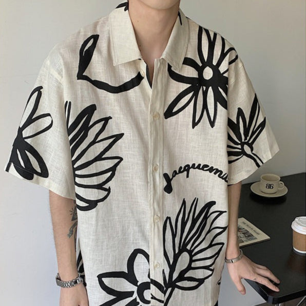 Chemise en lin à manches courtes pour hommes, avec motif floral artistique - Jörg