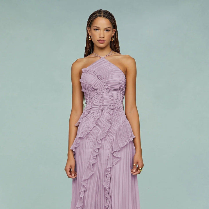 Élégante robe longue en mousseline de soie plissée asymétrique - Violet