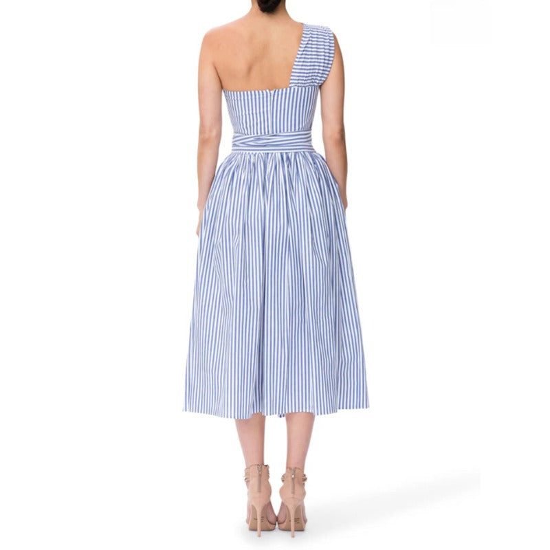 Robe midi femme à fines rayures et encolure asymétrique - Berenice