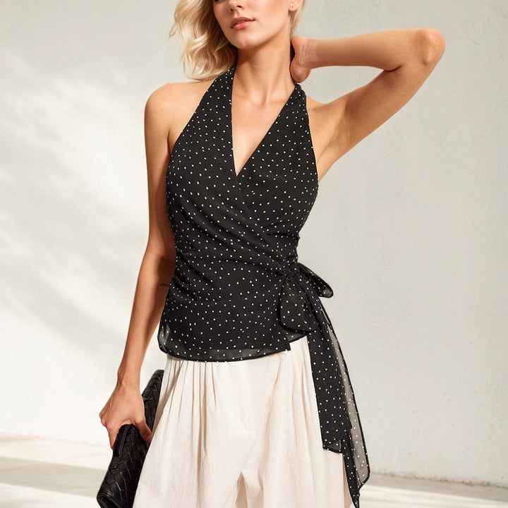 Top sans manches en mousseline de soie à pois noués pour femme - Joana