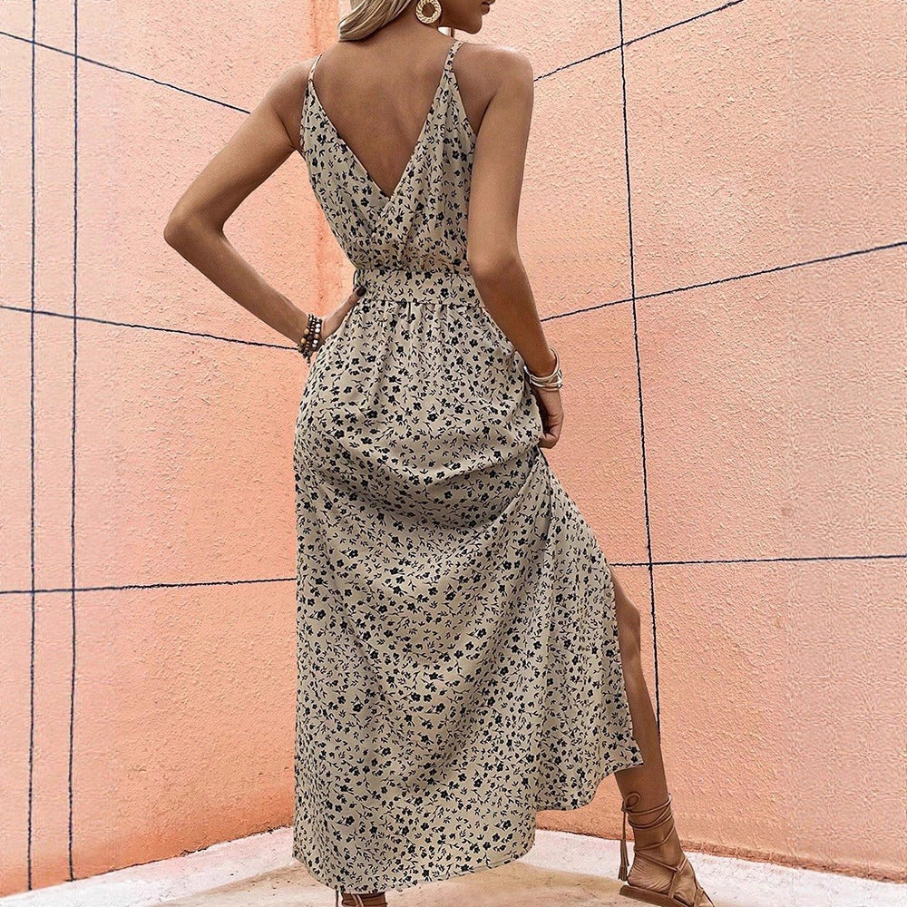 Robe longue pour femme avec fines bretelles florales et fentes - Julieta