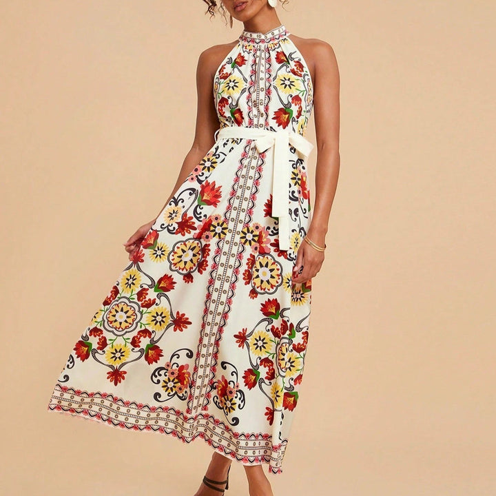 Robe midi sans manches à col licou et imprimé floral pour femme - Carmela