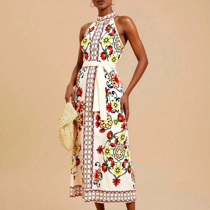 Robe midi sans manches à col licou et imprimé floral pour femme - Carmela