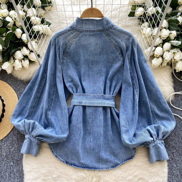 Chemisier en denim à manches bouffantes et ceinture pour femme - Elara