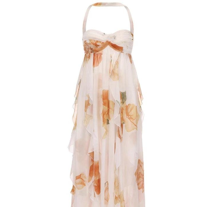 Robe longue pour femme en mousseline de soie à imprimé floral et dos ouvert - Camille