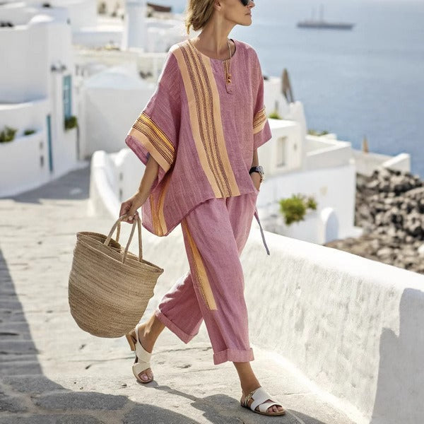 Parure de lin à larges rayures style méditerranéen pour femme - Danae