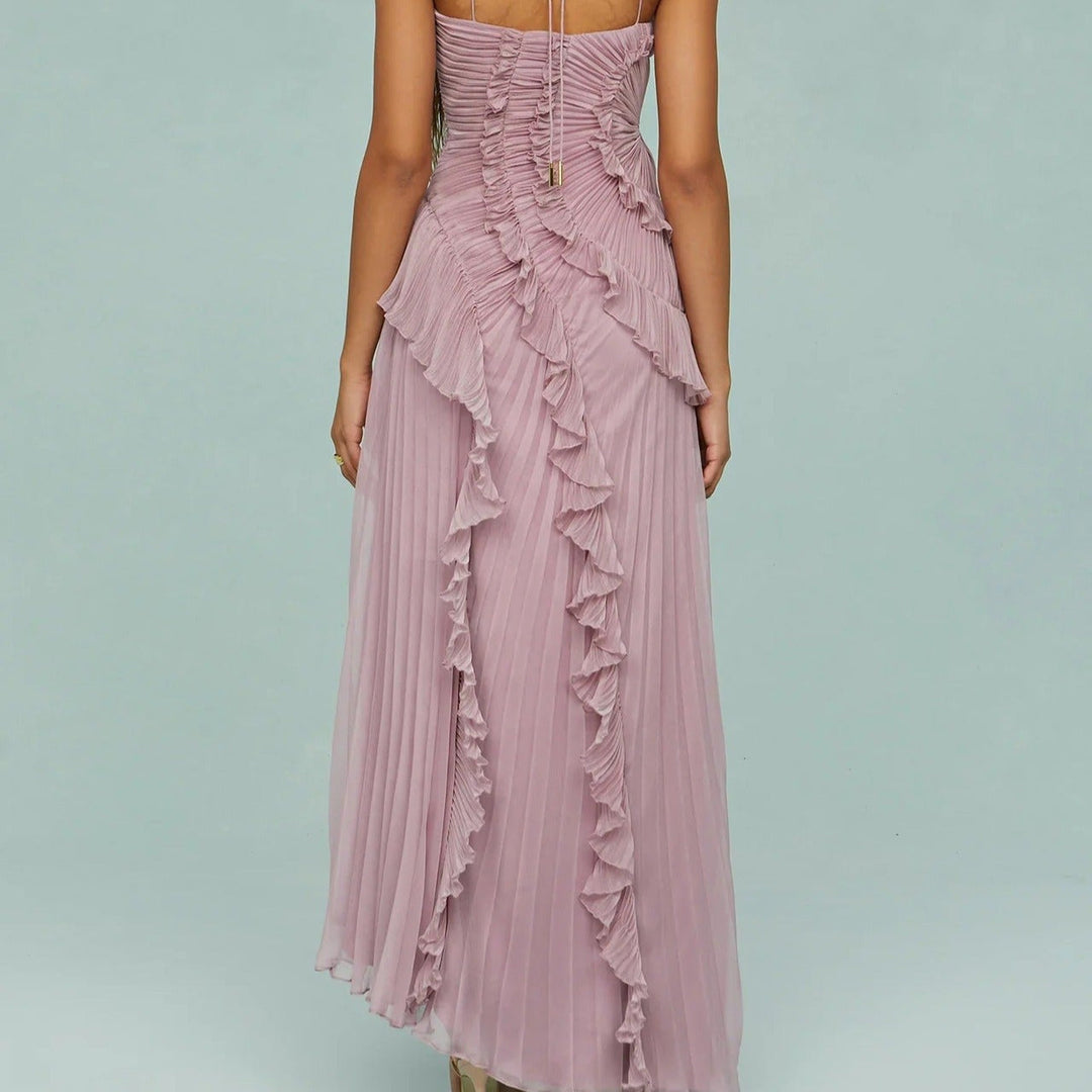 Élégante robe longue en mousseline de soie plissée asymétrique - Violet