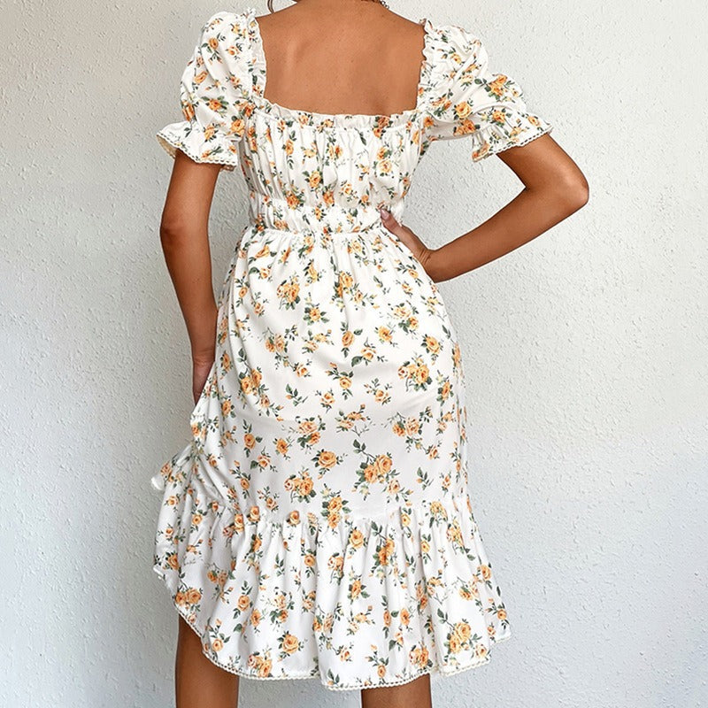 Robe midi à fleurs pour femme avec manches bouffantes de style vintage - Julieta