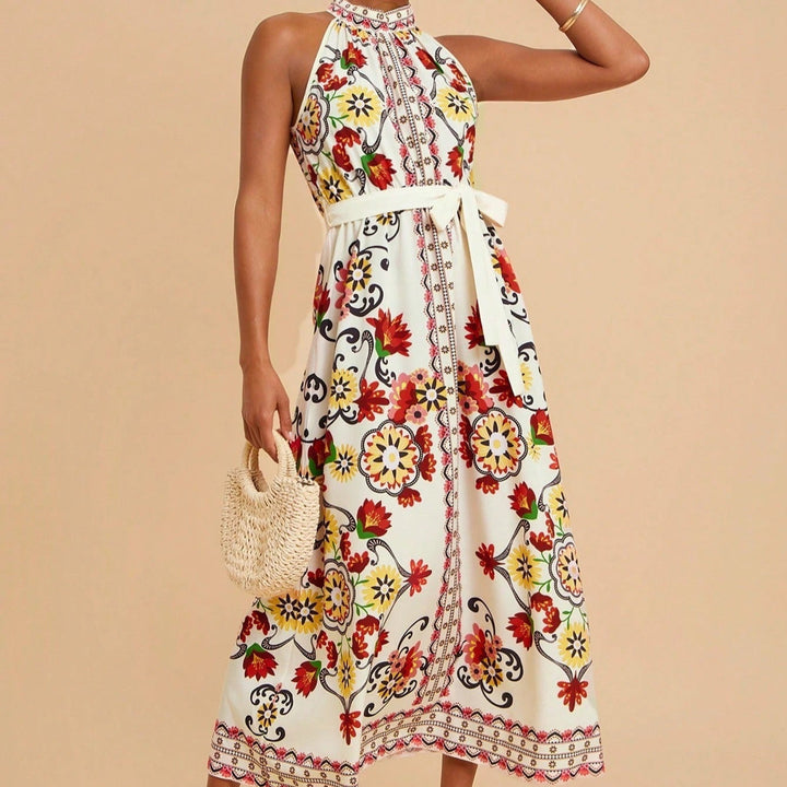 Robe midi sans manches à col licou et imprimé floral pour femme - Carmela